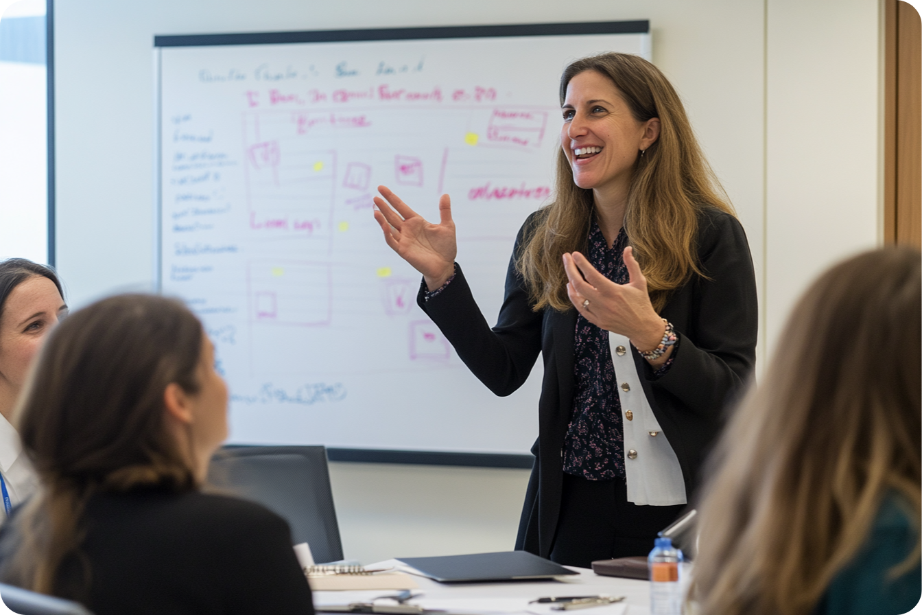 A confident healthcare leader conducting a compliance training session.