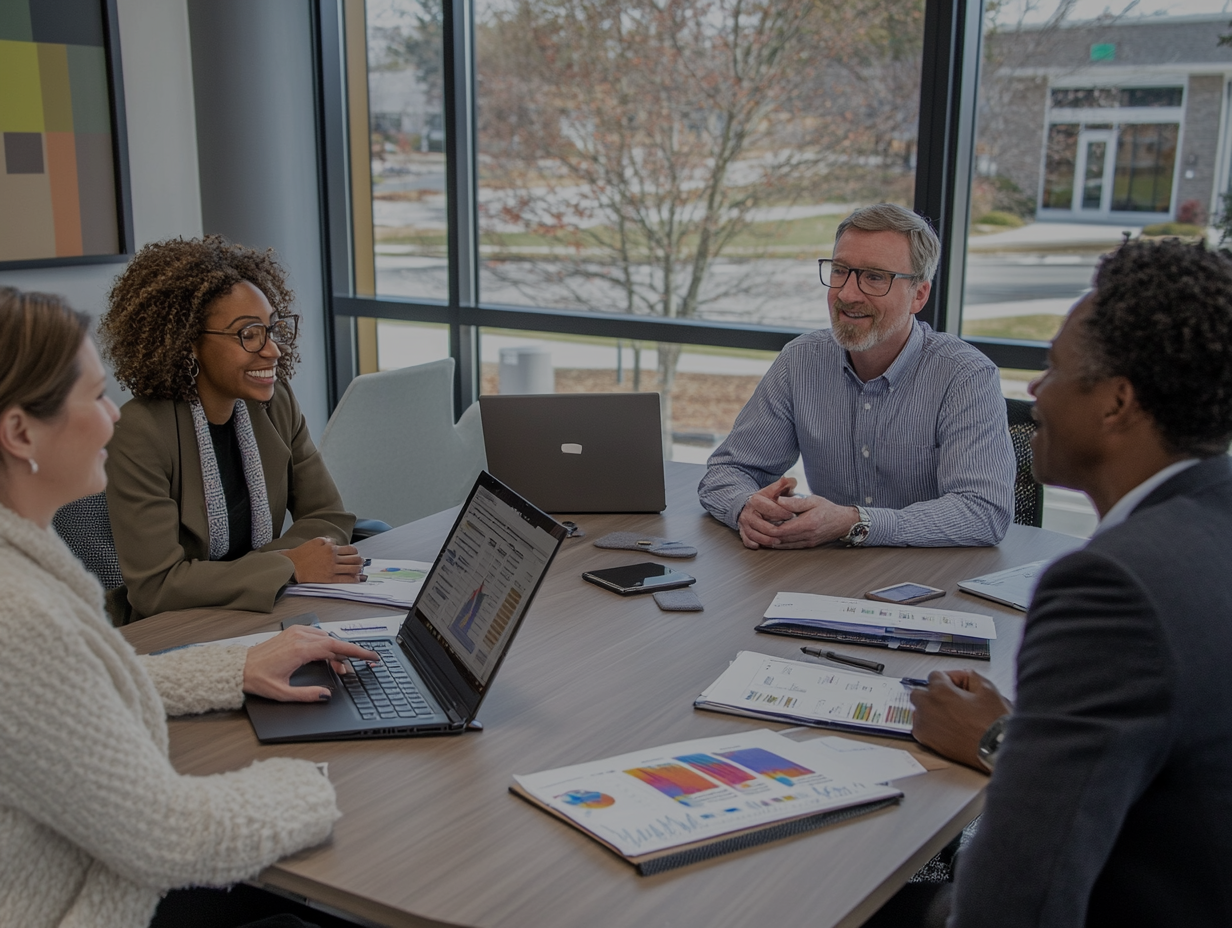 A diverse group of professionals collaborating in a meeting, representing innovation in leadership within behavioral health.