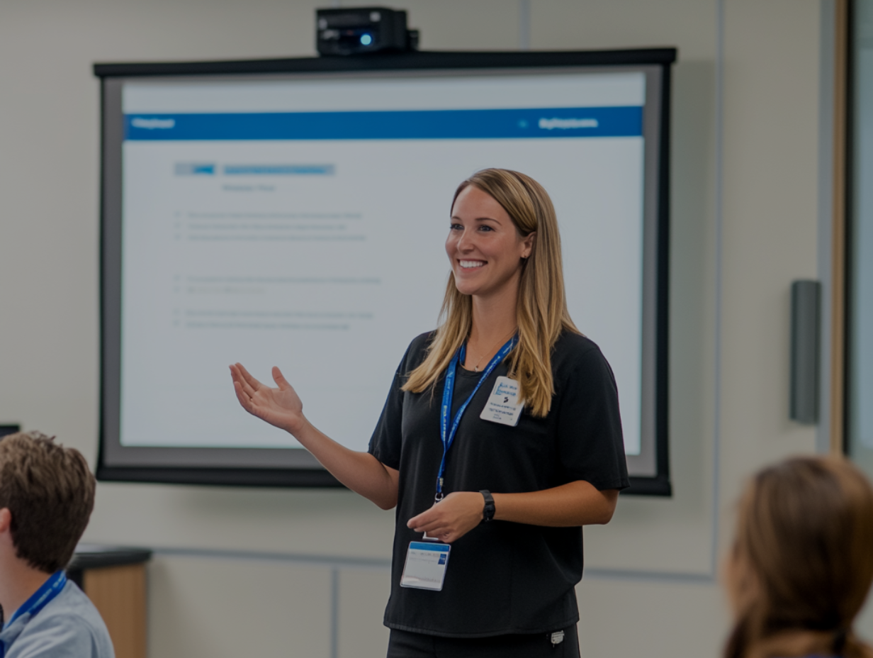 A confident speaker presenting at a conference, representing regulatory excellence in behavioral health compliance.