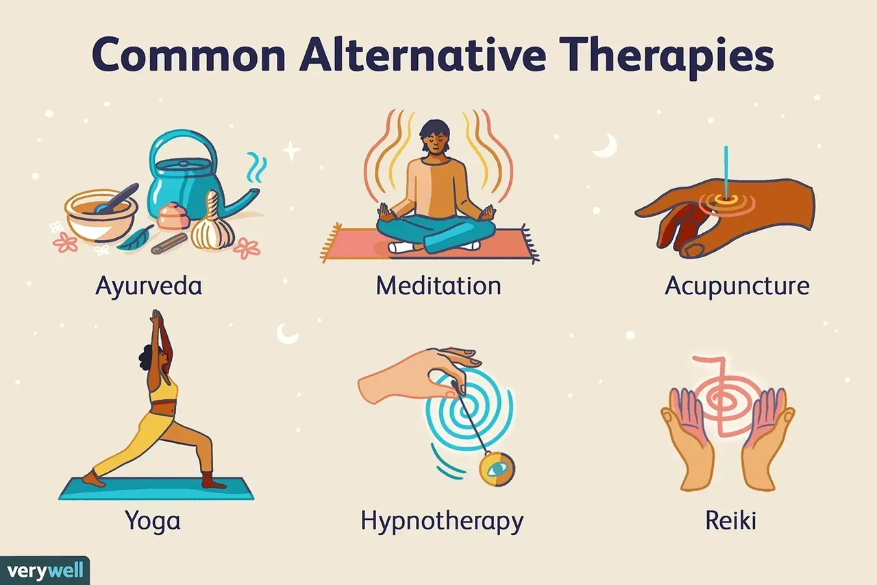 Illustration of Ayurveda, meditation, acupuncture, yoga, hypnotherapy, and Reiki in behavioral health.