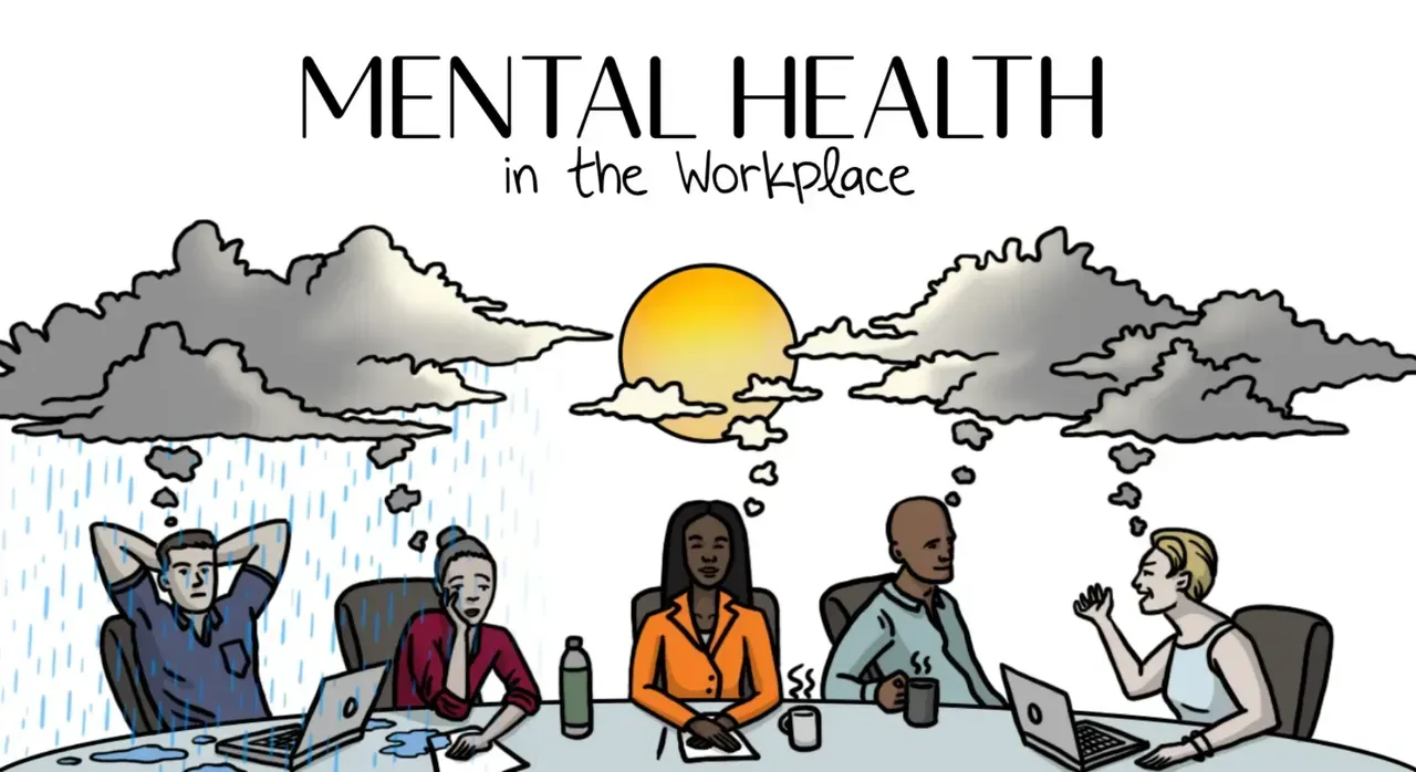 Illustration of a diverse group discussing mental health in the workplace.