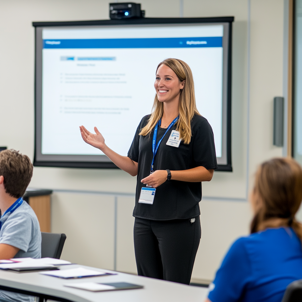 A female healthcare professional speaking to an audience, representing training and education in healthcare.
