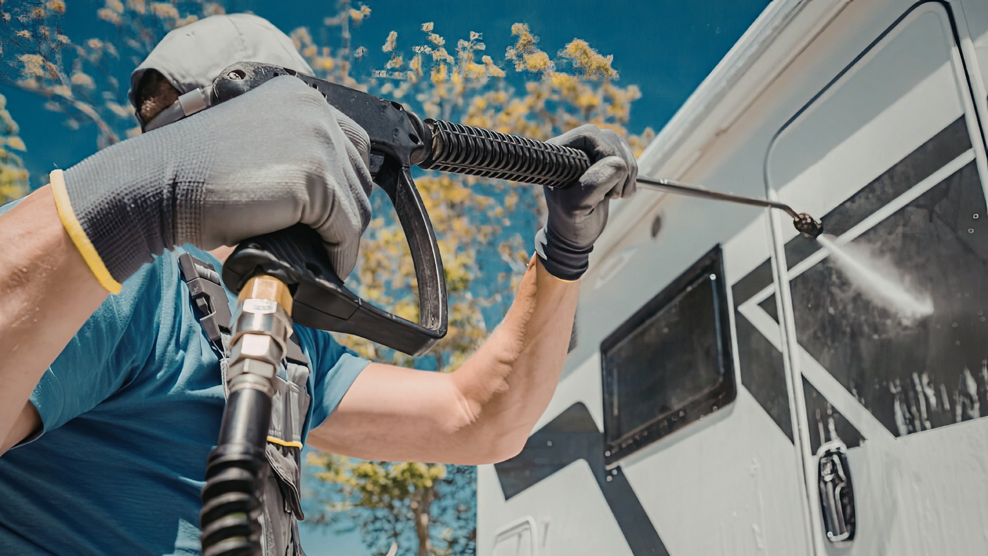 A person wearing gloves uses a pressure washer to clean the side of a white RV.