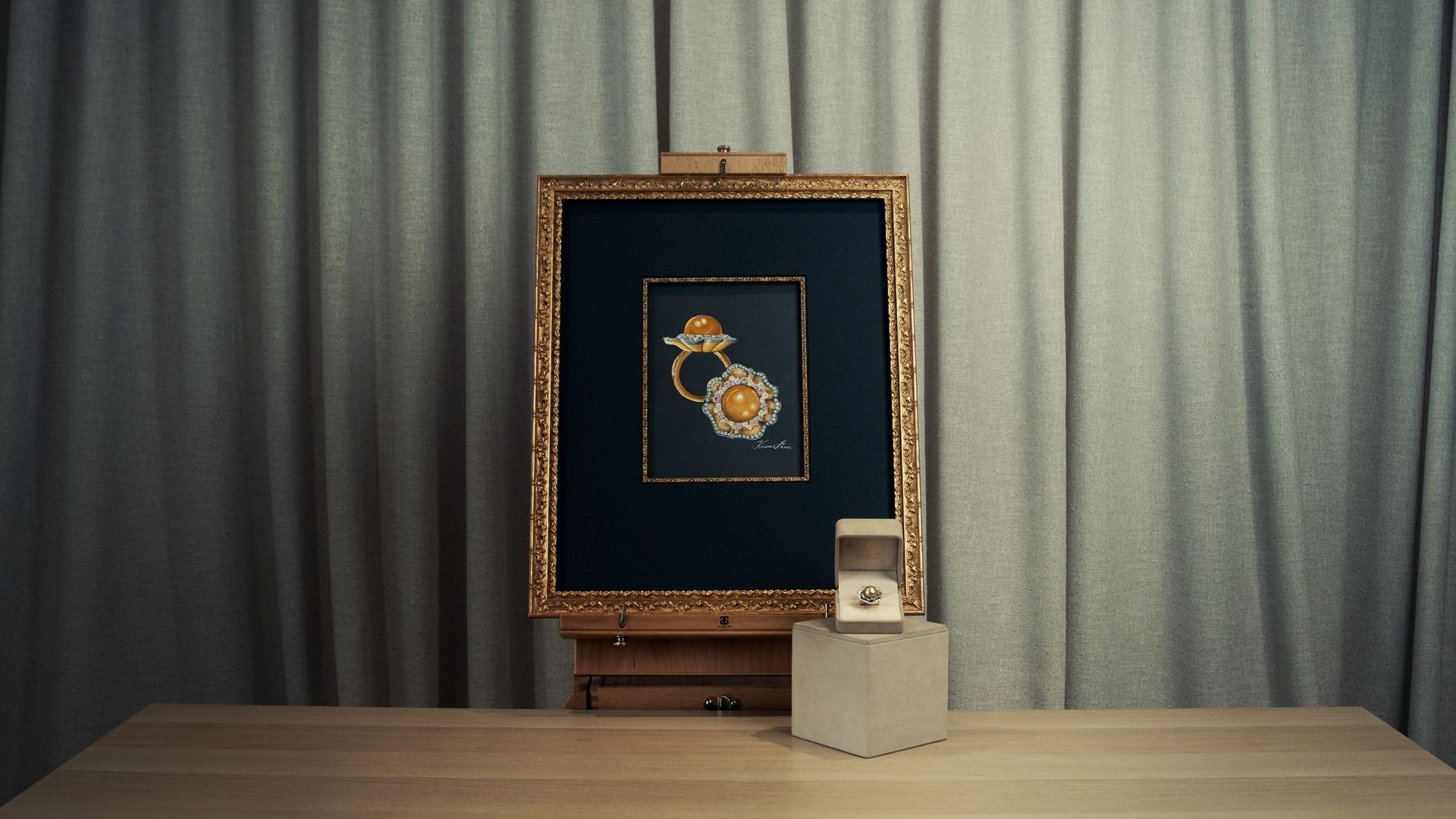 Custom framing of a hand-drawn gouache illustration of the Nightingale Dress Ring
