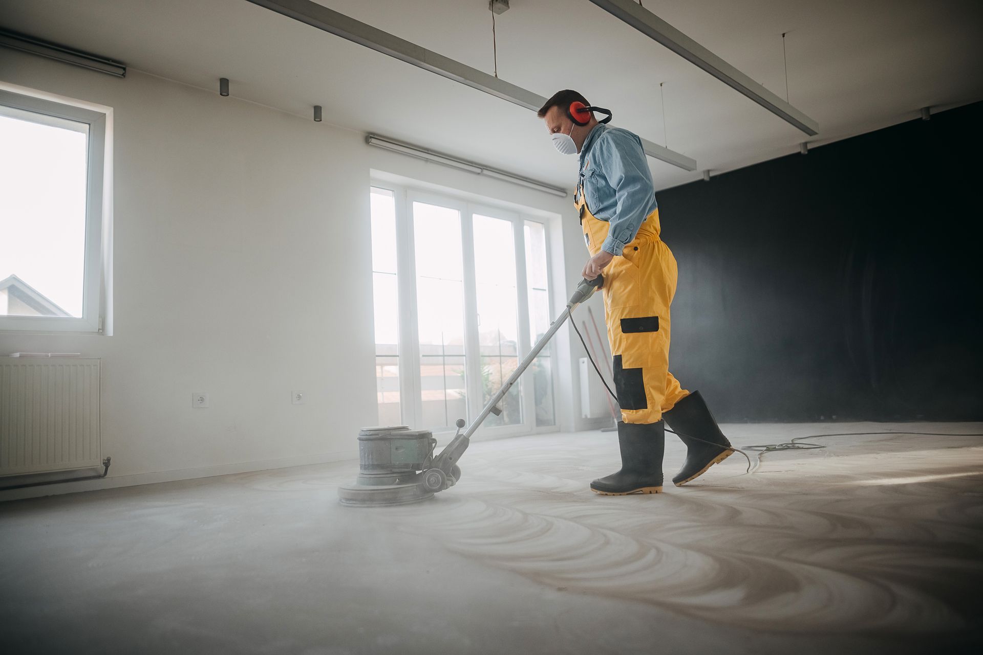 A man is polishing a concrete floor with a machine.