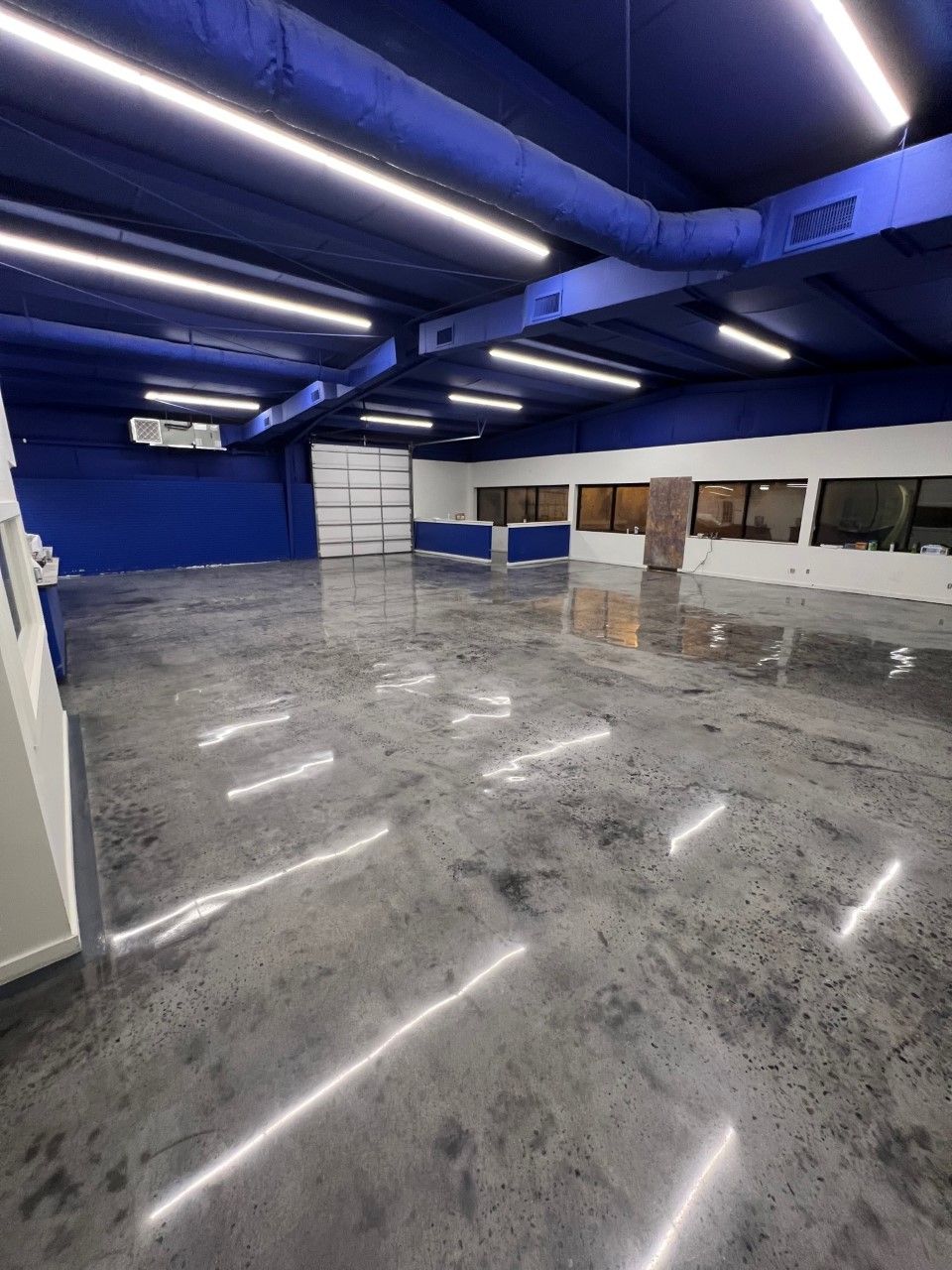 Empty warehouse interior with polished concrete floor, blue walls and ceiling, and bright overhead lights.