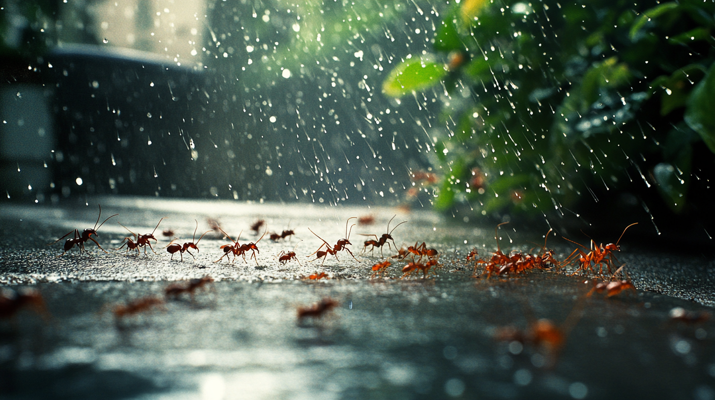 A group of ants are walking in the rain on the ground.