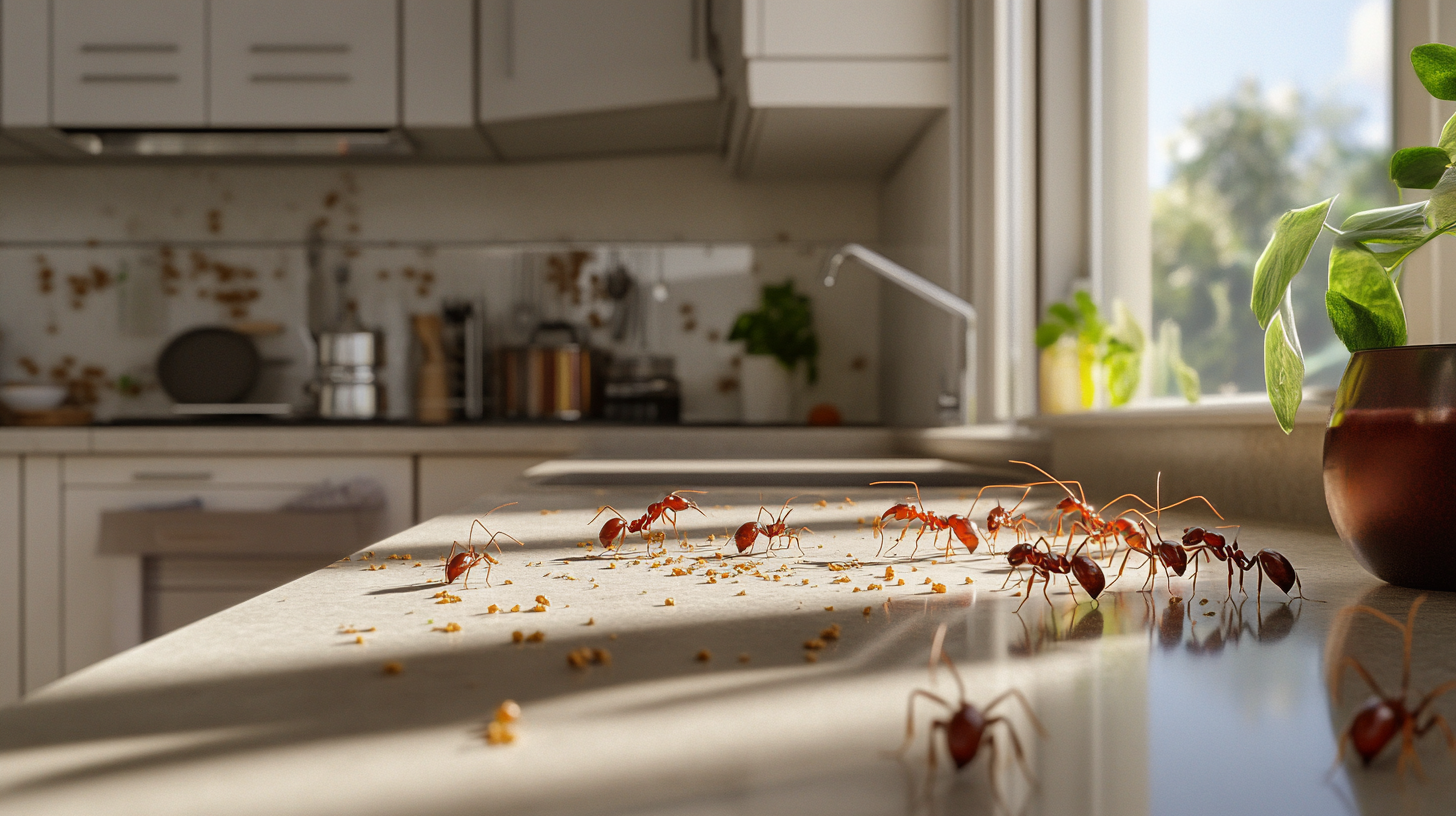 A group of ants are crawling on a kitchen counter.