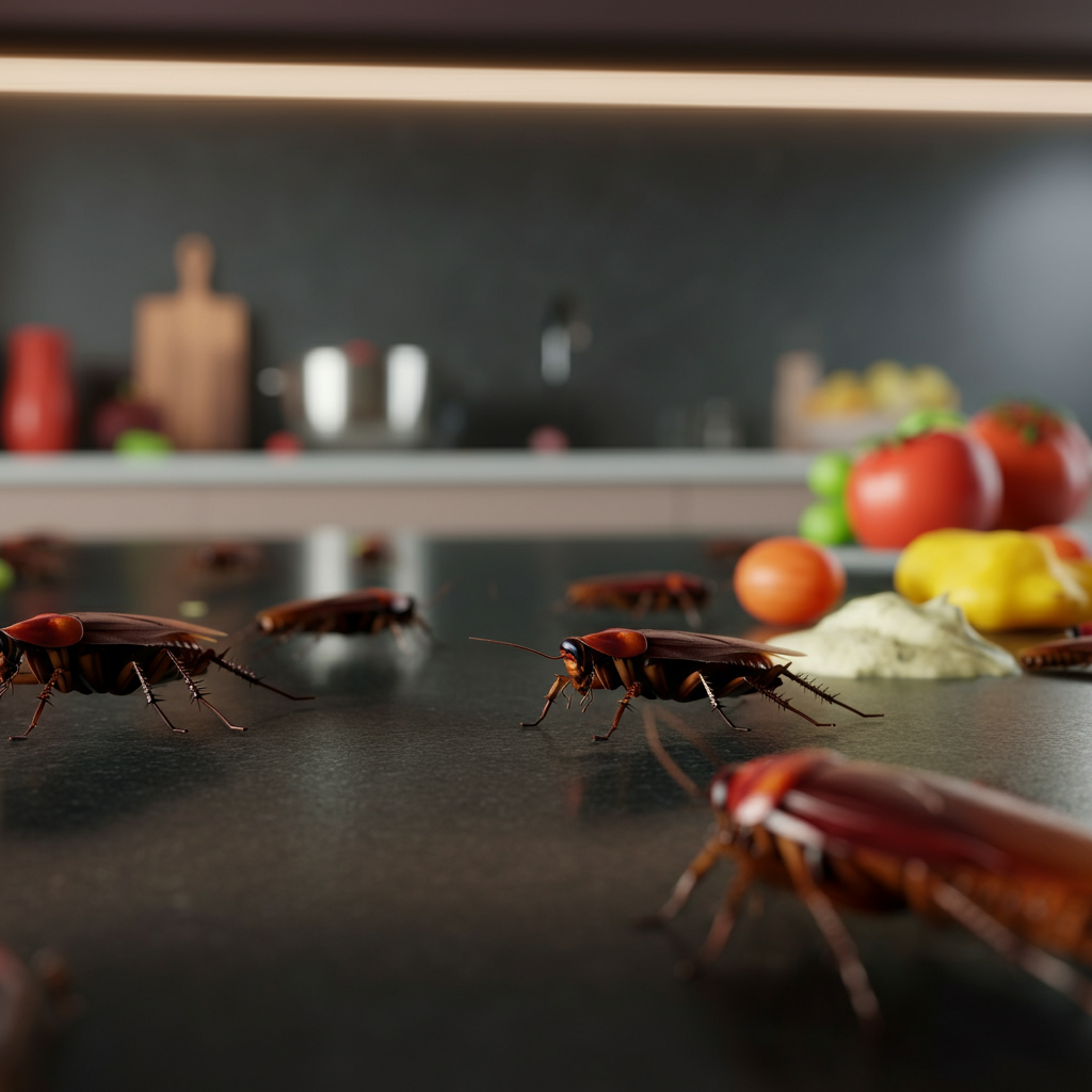 A group of cockroaches are crawling on a counter in a kitchen.
