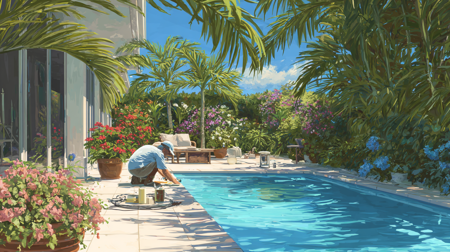 A patio with potted plants and a swimming pool