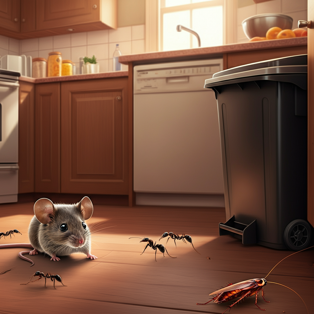 A mouse is surrounded by cockroaches and ants in a kitchen