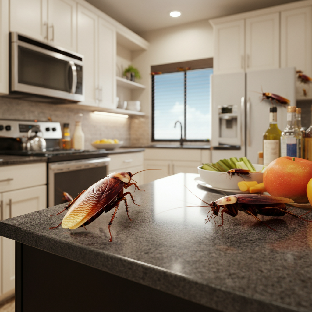 Cockroaches are crawling on a counter in a kitchen