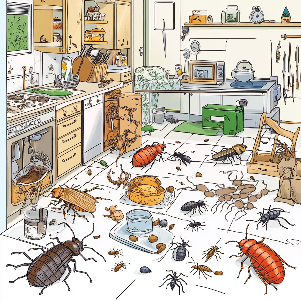 A drawing of a kitchen with lots of bugs on the floor