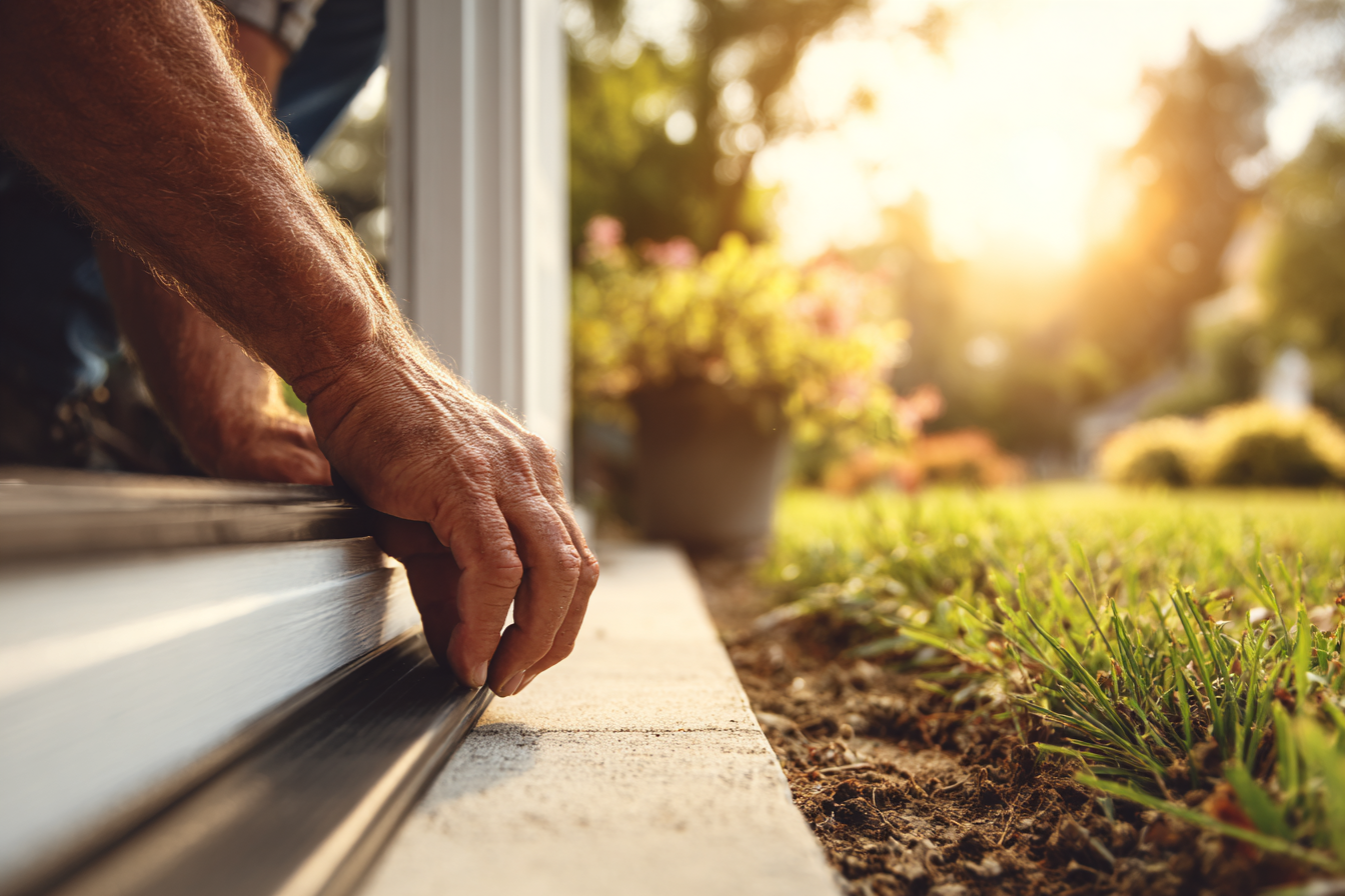 Person's hands adjusting a sliding door on a patio, with sunny backyard setting.
