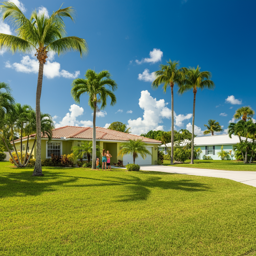 A family is standing in front of a house surrounded by palm trees.