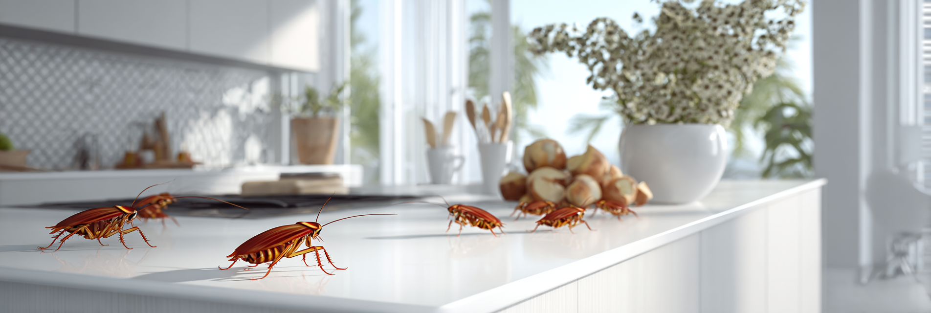 A group of cockroaches are crawling on a kitchen counter.