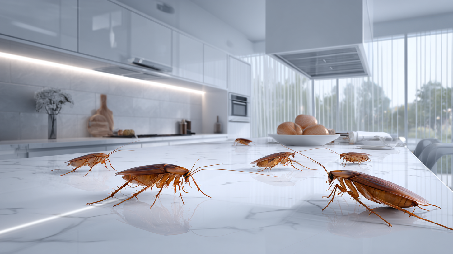 A group of cockroaches are crawling on a kitchen counter.