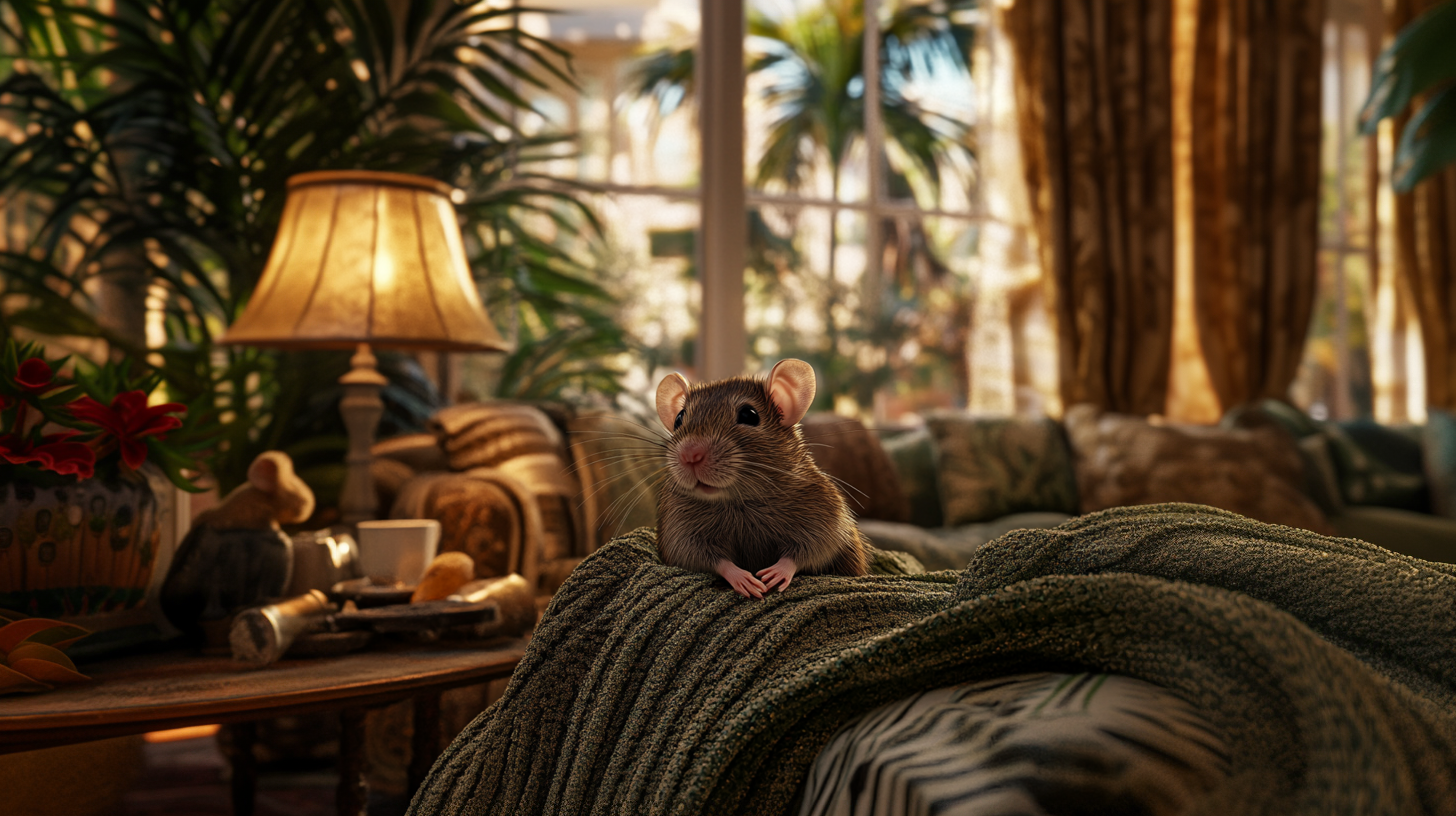 A mouse is sitting on a couch in a living room.