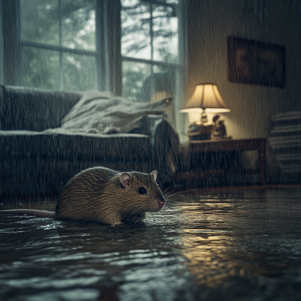 A mouse is sitting on the floor in the rain in a living room.