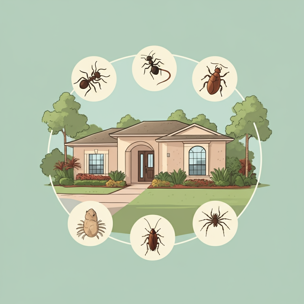 A cartoon illustration of a house surrounded by different types of insects.
