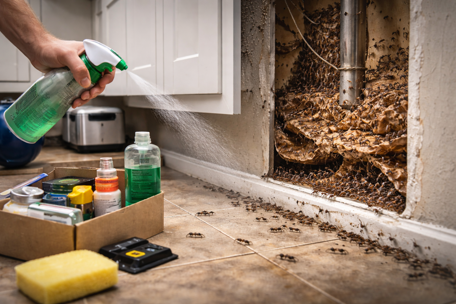 Person spraying insecticide at a large ant infestation in a wall. Kitchen setting.