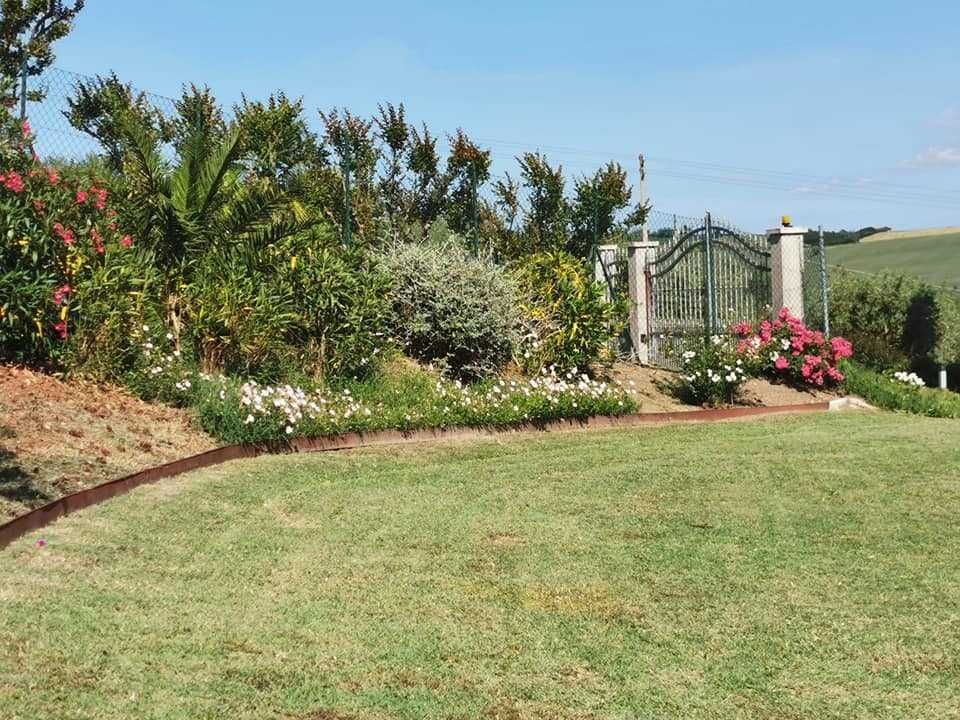 Un prato verde lussureggiante con un cancello sullo sfondo