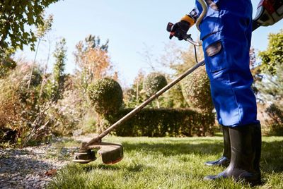 Un uomo sta usando un tosaerba per tagliare l'erba in un giardino.