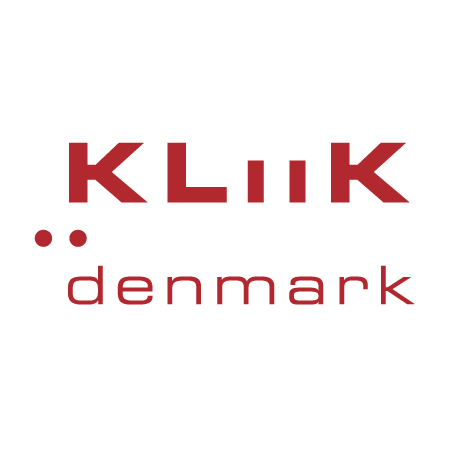 A red and white logo for klik denmark