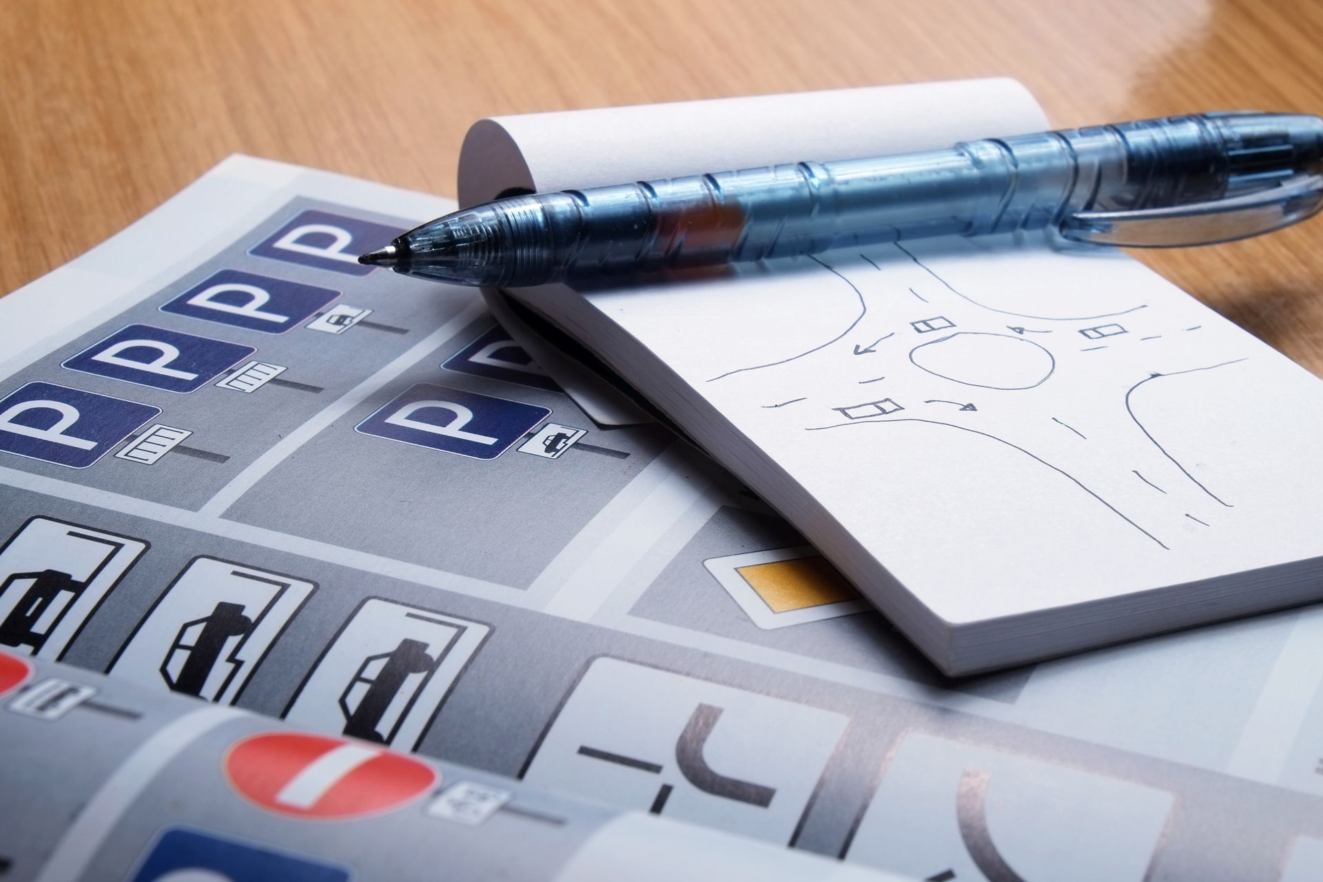 A pen rests on top of a notepad on a table