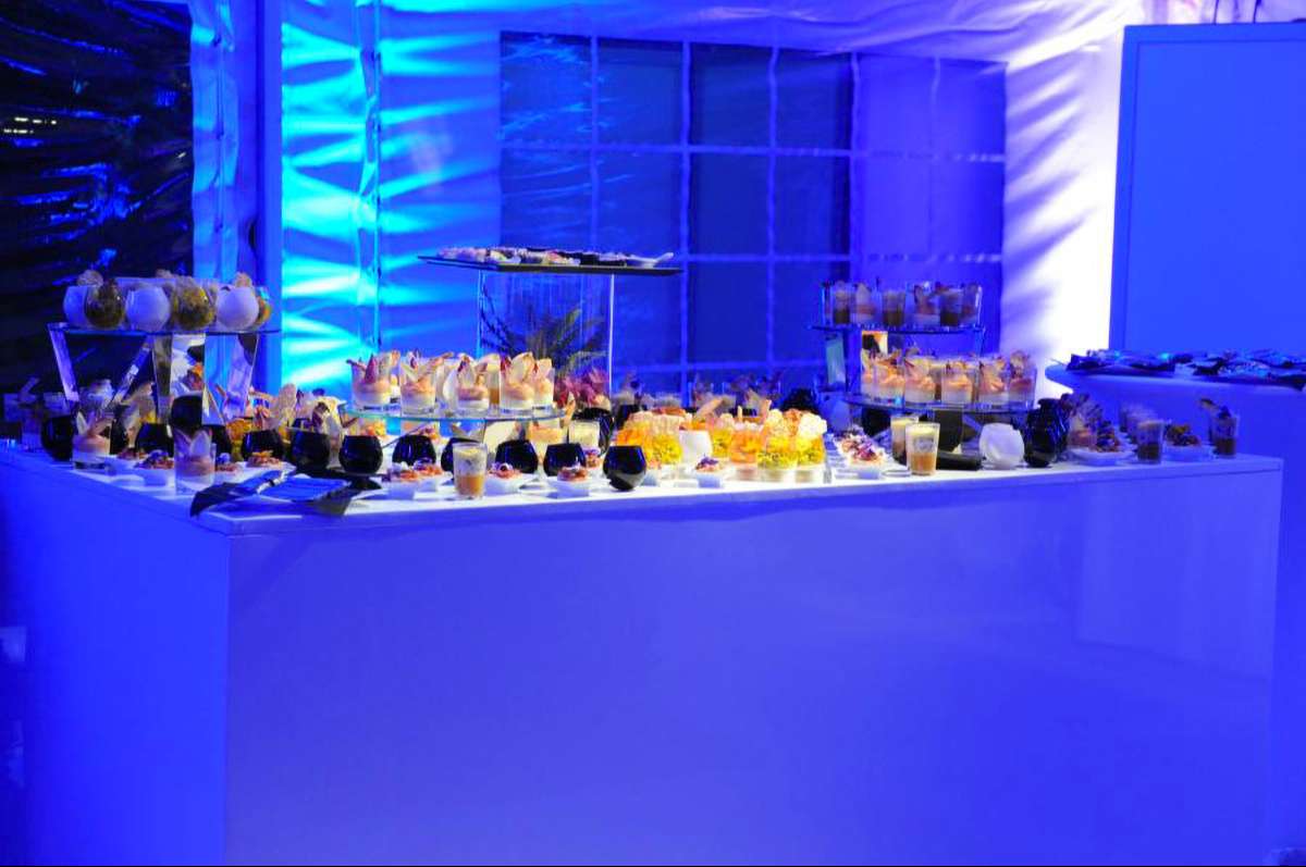 Several aperitifs on a banquet table