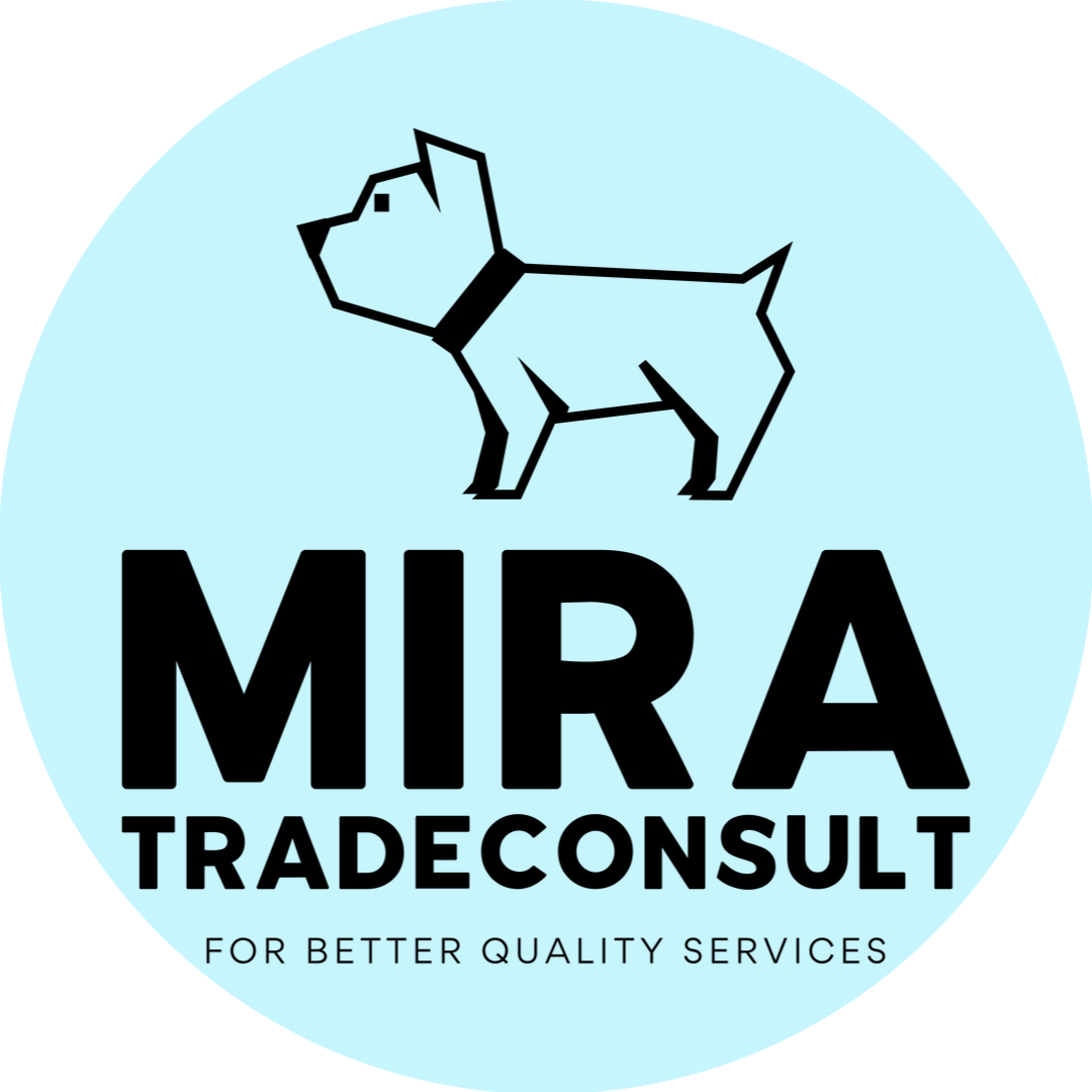 Син кръгъл логотип с геометрично куче над текста „MIRA TRADECONSULT“ и „ЗА ПО-ДОБРИ УСЛУГИ“.