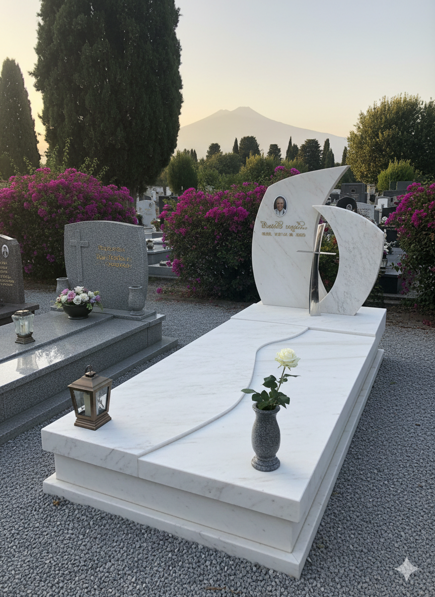 Lapide in marmo bianco con motivo curvo, vaso di fiori e ritratto fotografico; ambientazione cimiteriale con montagne in lontananza.