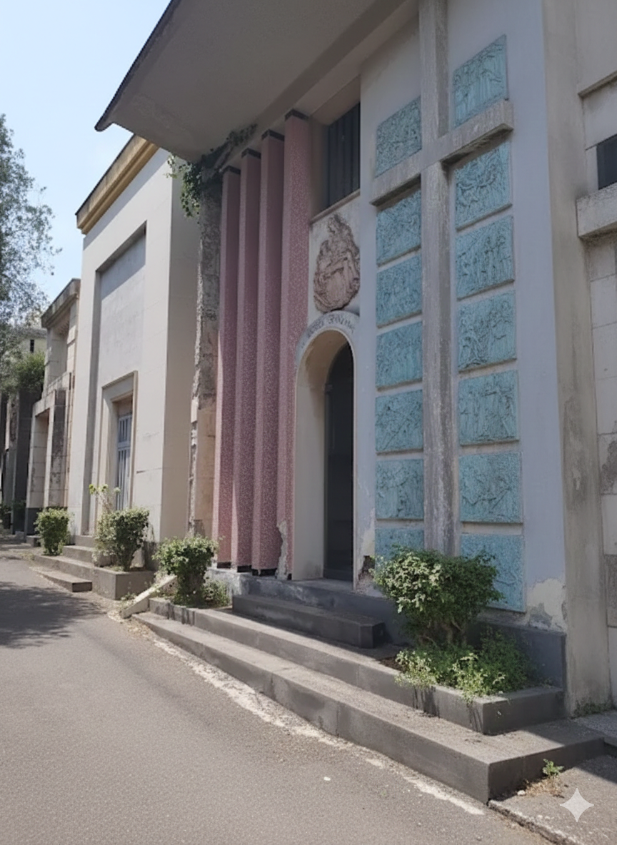 Edificio dai colori chiari con un drappeggio rosa sopra un portale ad arco. Una scalinata conduce all'ingresso. Quadrati turchesi adornano la facciata.