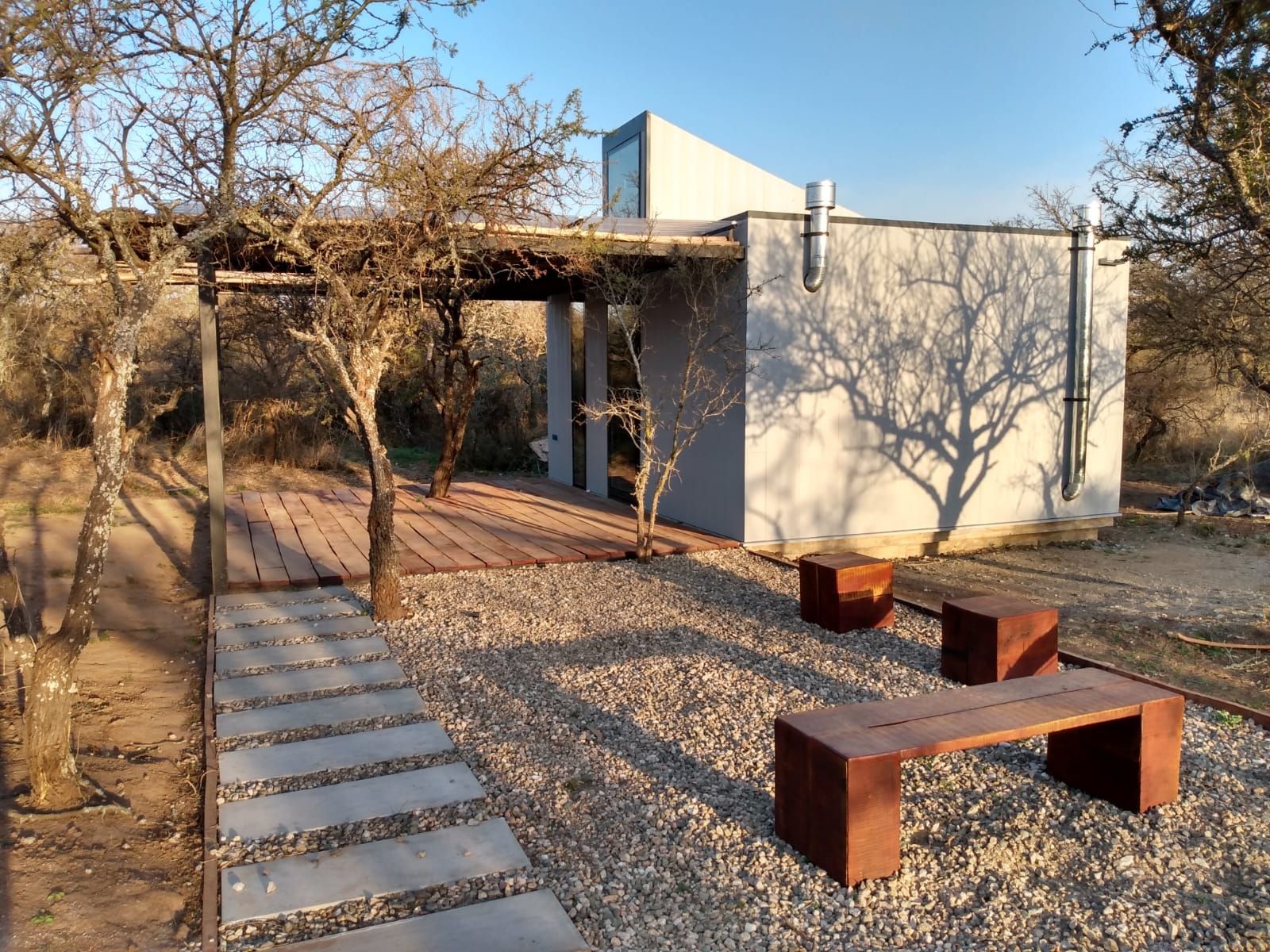 Patio desértico con edificio de estuco blanco, sendero de grava y bancos de color óxido bajo árboles desnudos.