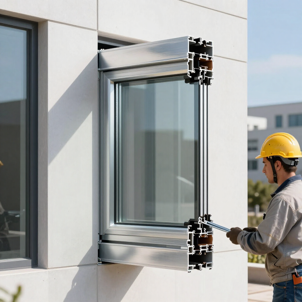 Un trabajador instala un marco de ventana plateado en la fachada blanca de un edificio.