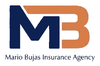 Mario Bujas Insurance Agency logo with blue and orange MB initials and text
