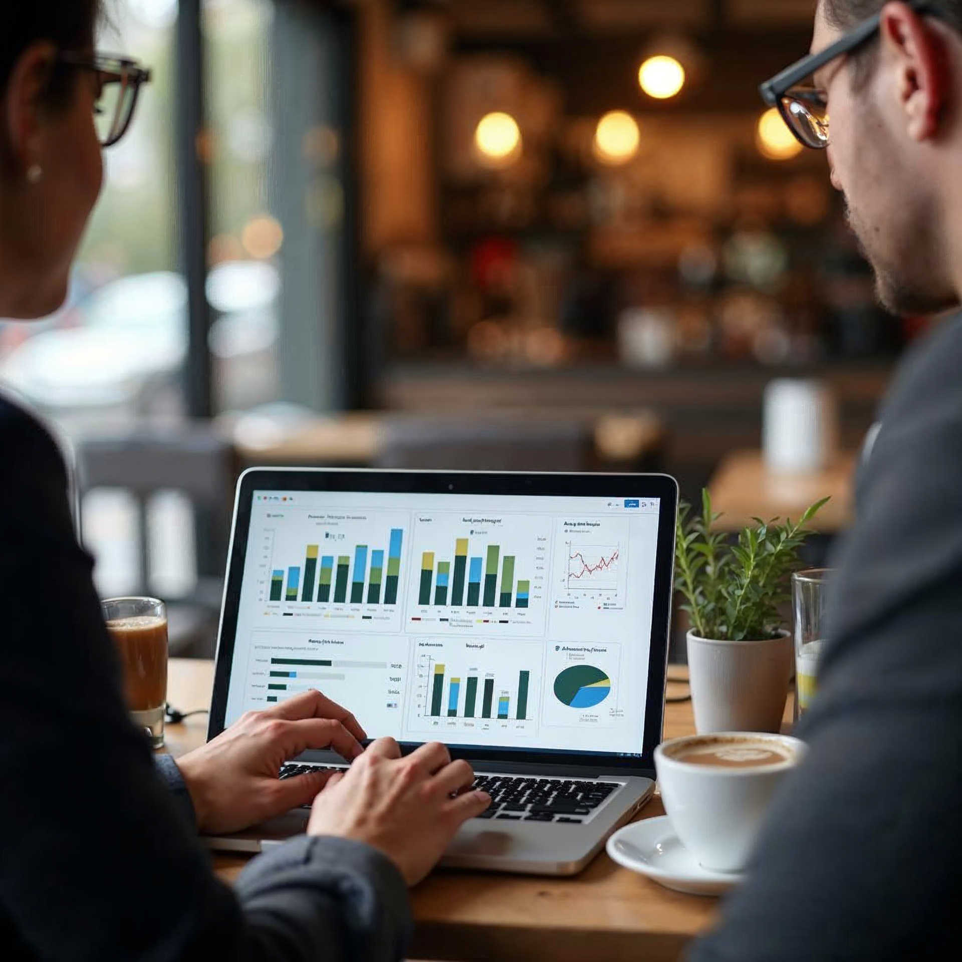 Two people analyse business data on a laptop in a café.