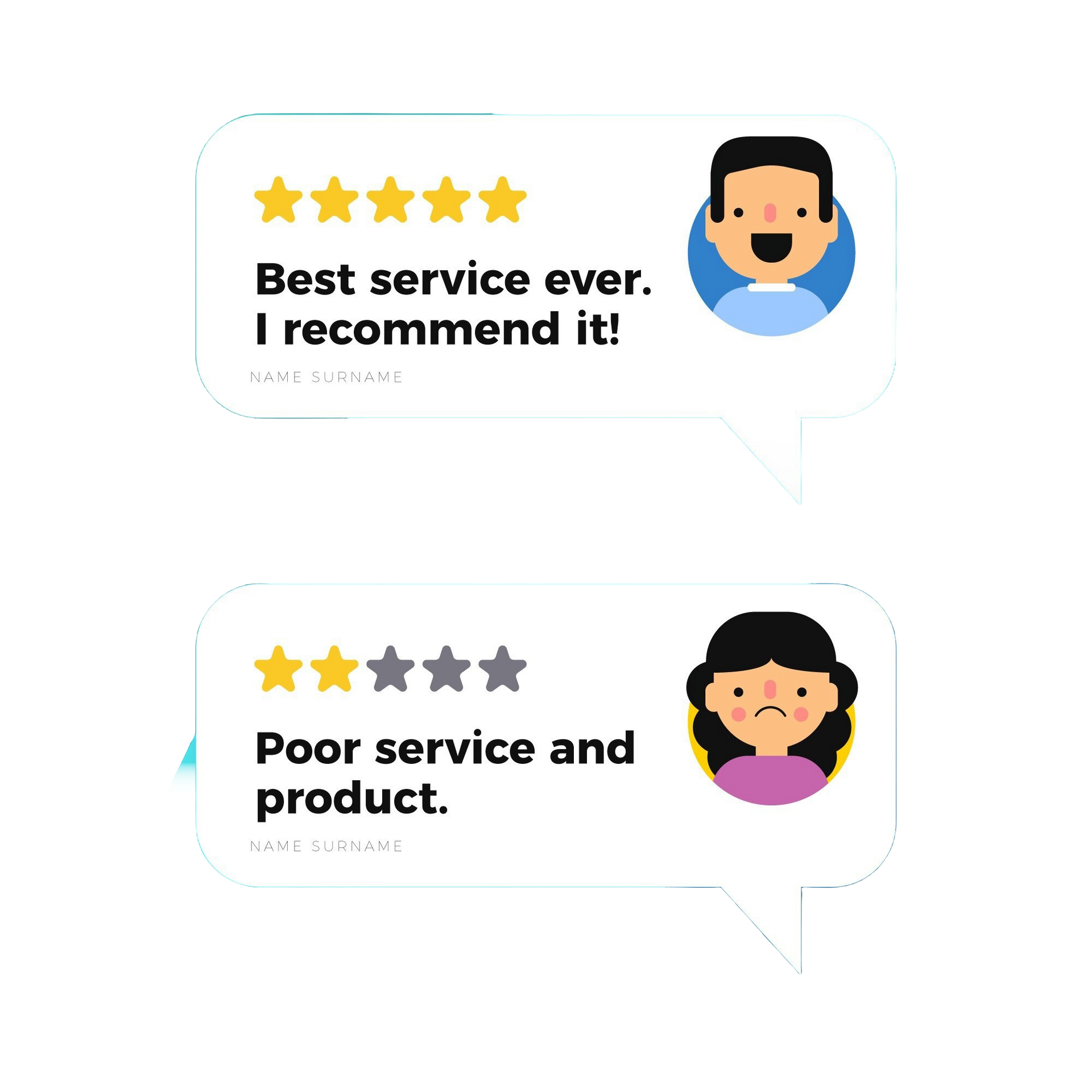 Customer reviews: positive with stars, happy face; negative with stars, sad face.