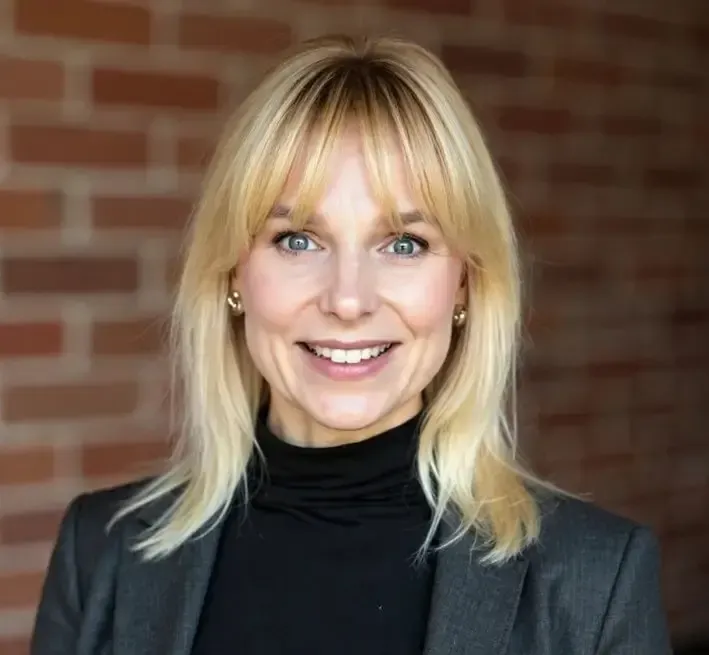 Blonde woman smiling, wearing black turtleneck and gray blazer, brick wall backdrop.