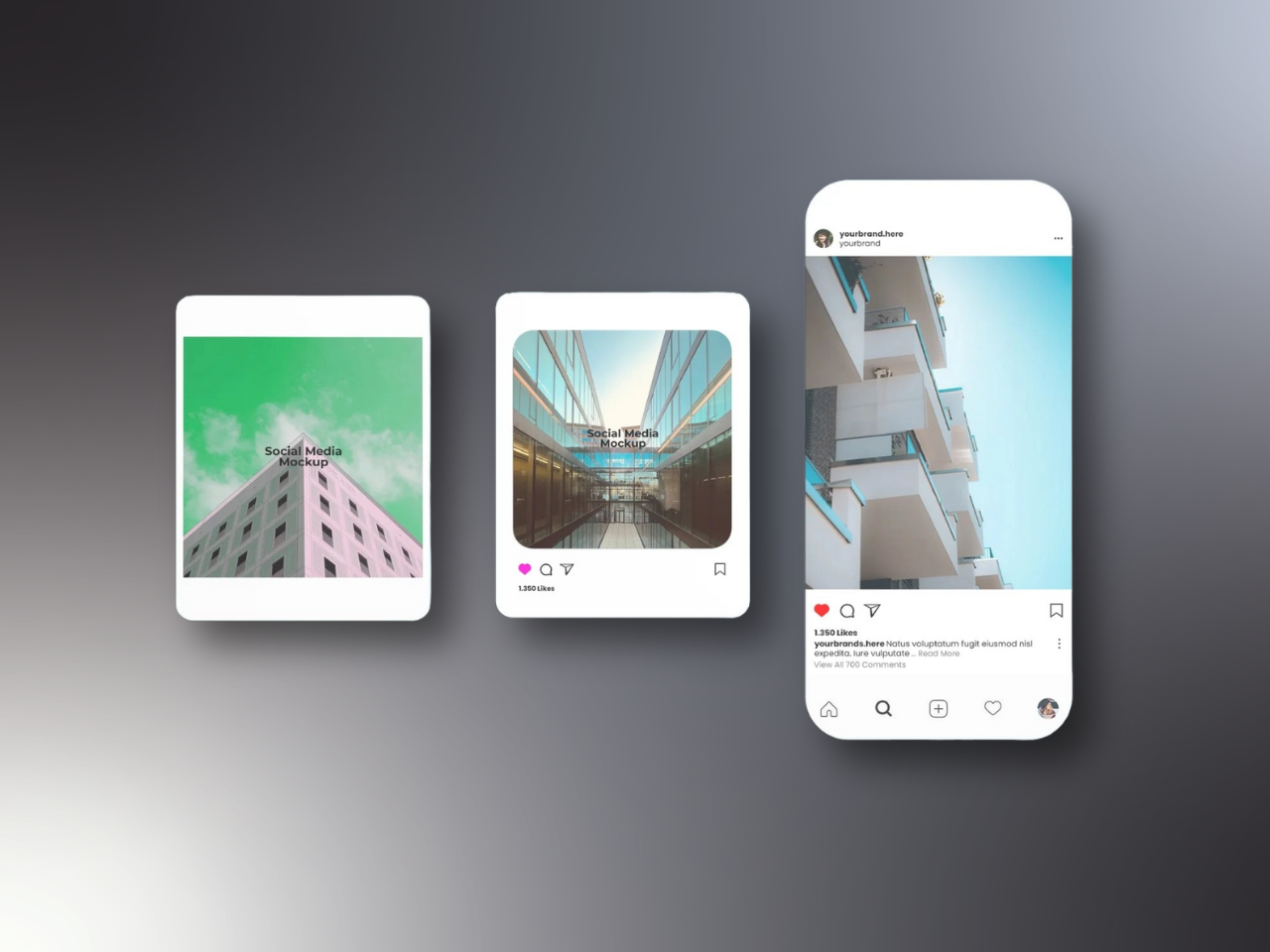 Three mobile screens displaying photos of buildings with a gradient background.