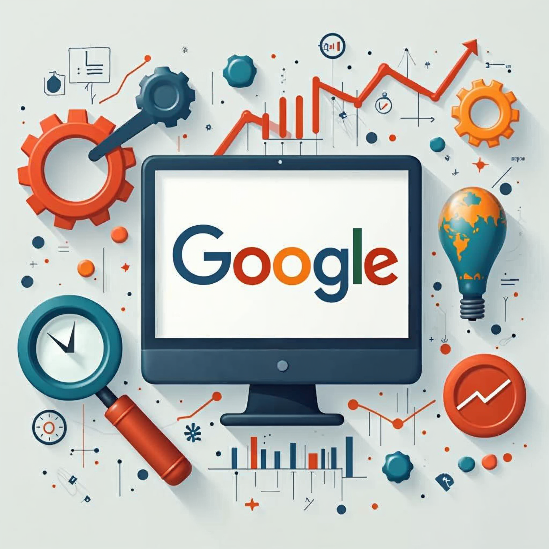 Google logo on a computer screen, surrounded by gears, charts, and data analysis elements.