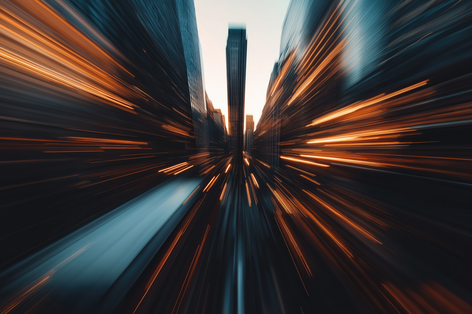 Street view with light streaks blurring outwards, depicting a fast-paced urban setting at sunset.