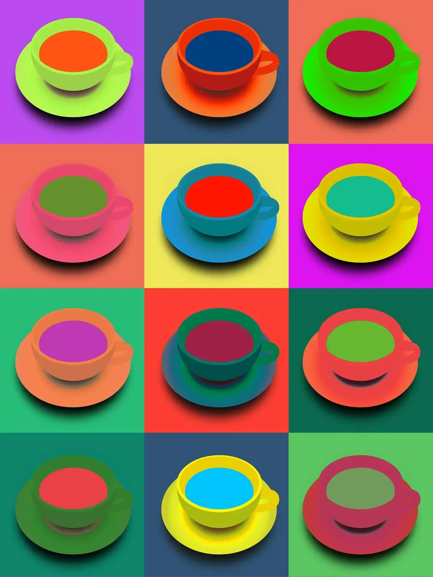 Pop art grid of colourful coffee cups and saucers.