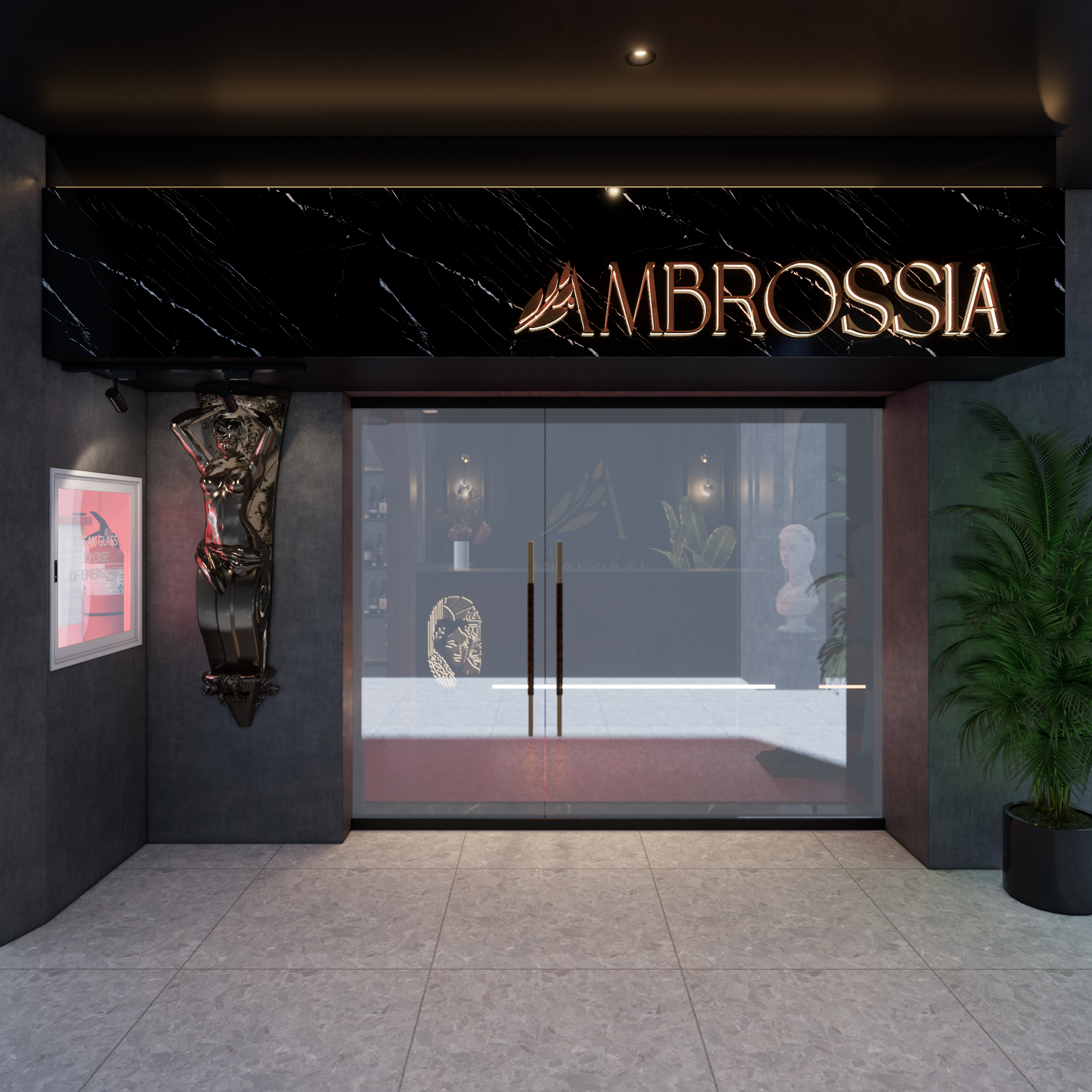 Entrance to Ambrosia, a shop with black marble sign, glass doors, and a plant.