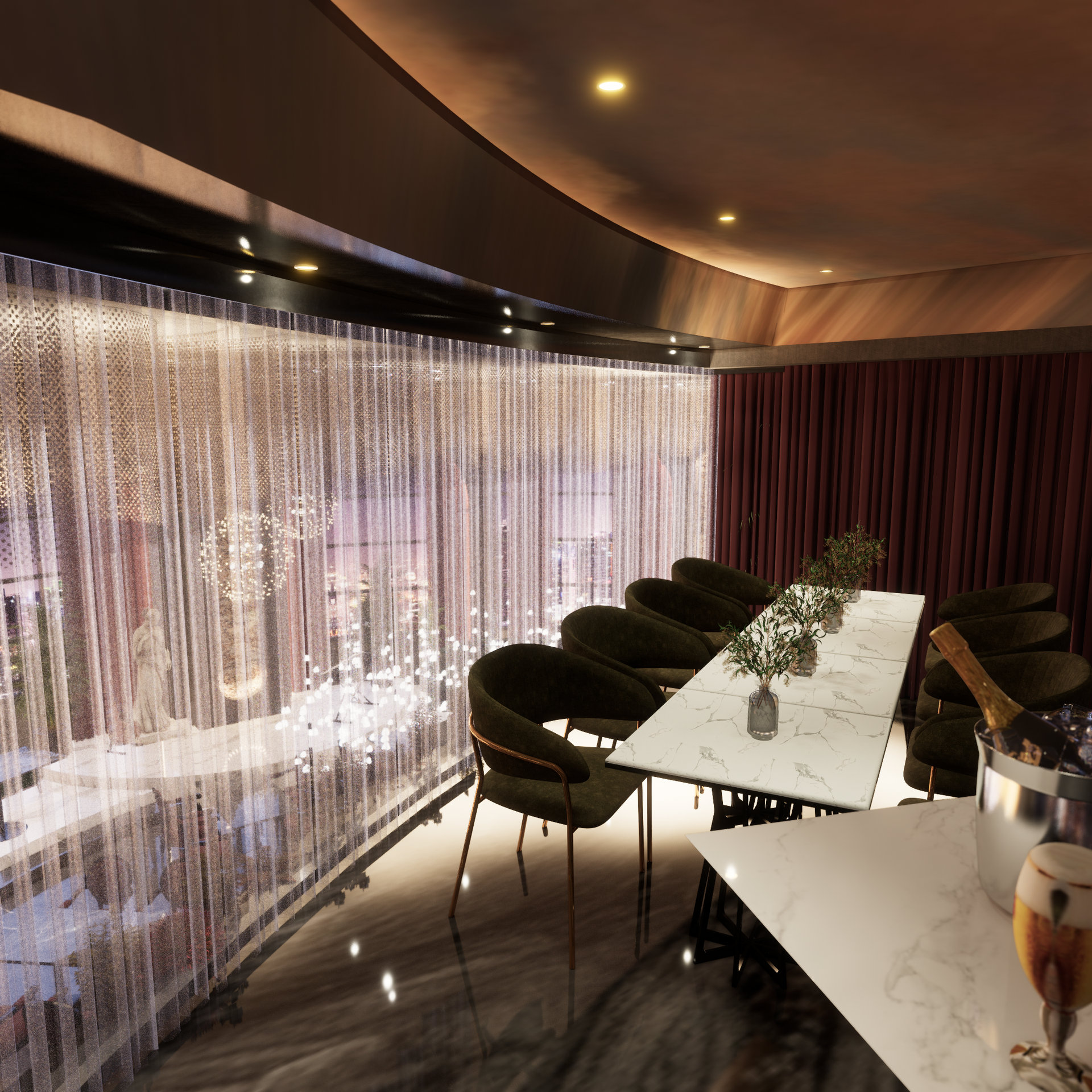 Restaurant interior with a long table, chairs, and beaded curtain.
