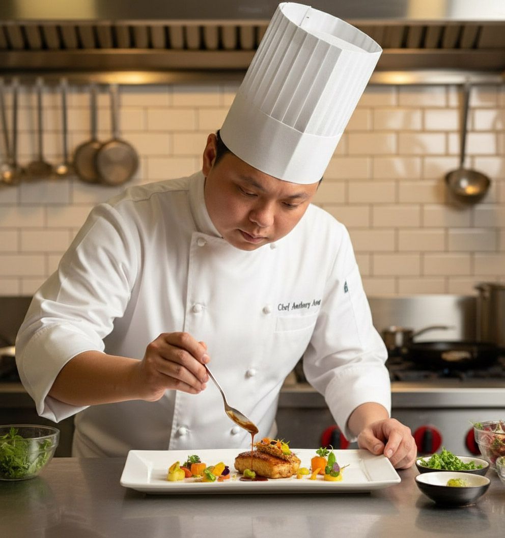 Chef in tall hat garnishing a plate of food in a professional kitchen.