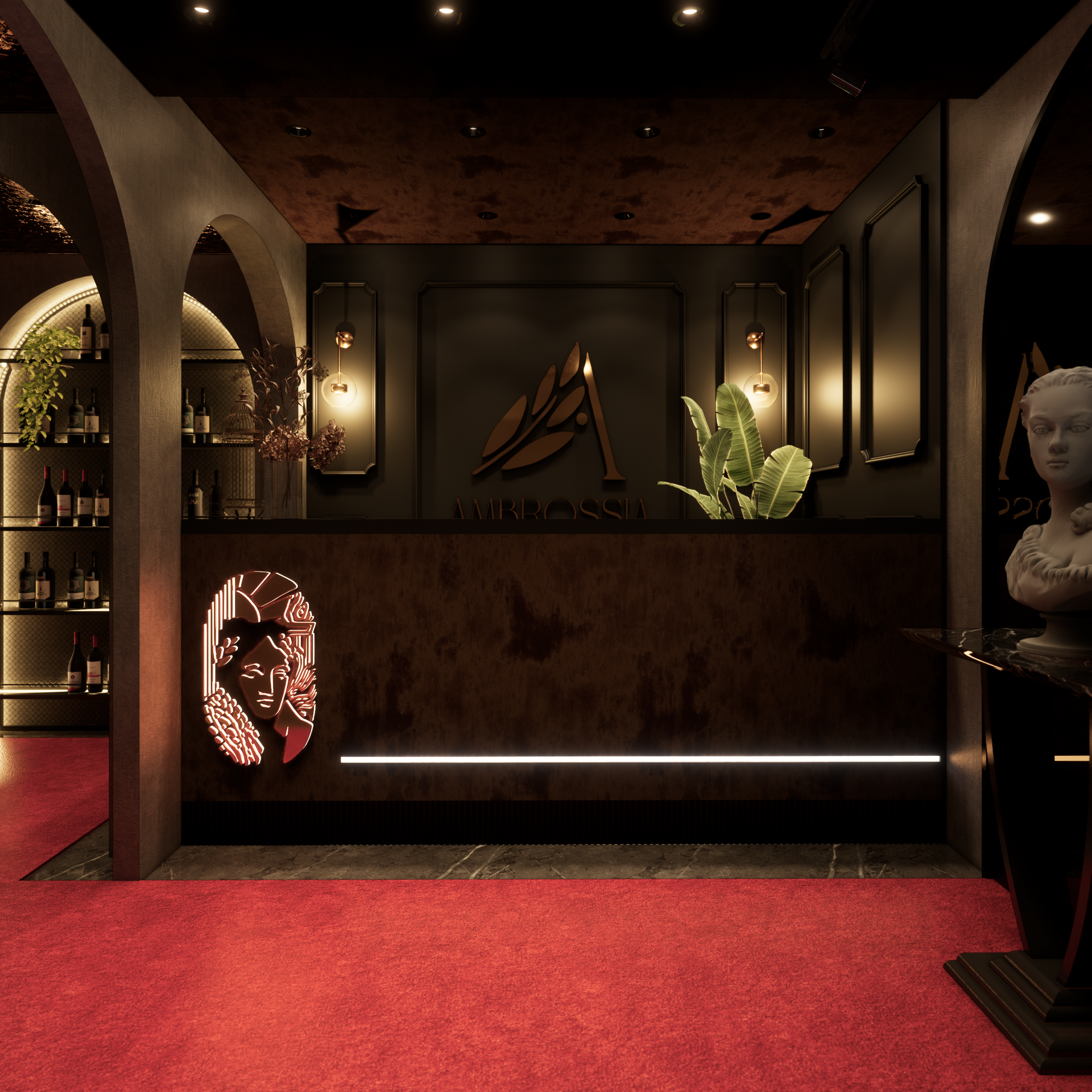 Reception area with red carpet, dark wood desk, and decorative artwork, featuring an illuminated logo.