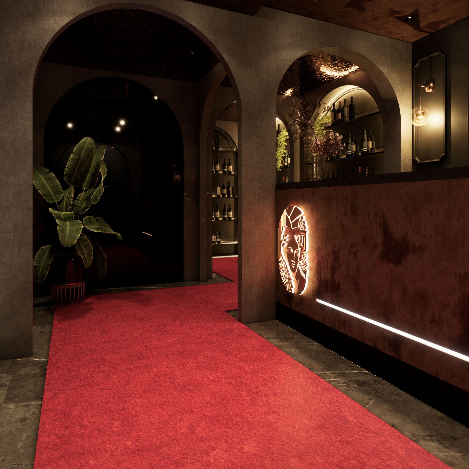 Red carpet leading to a dimly lit bar with arched doorways and a glowing logo.