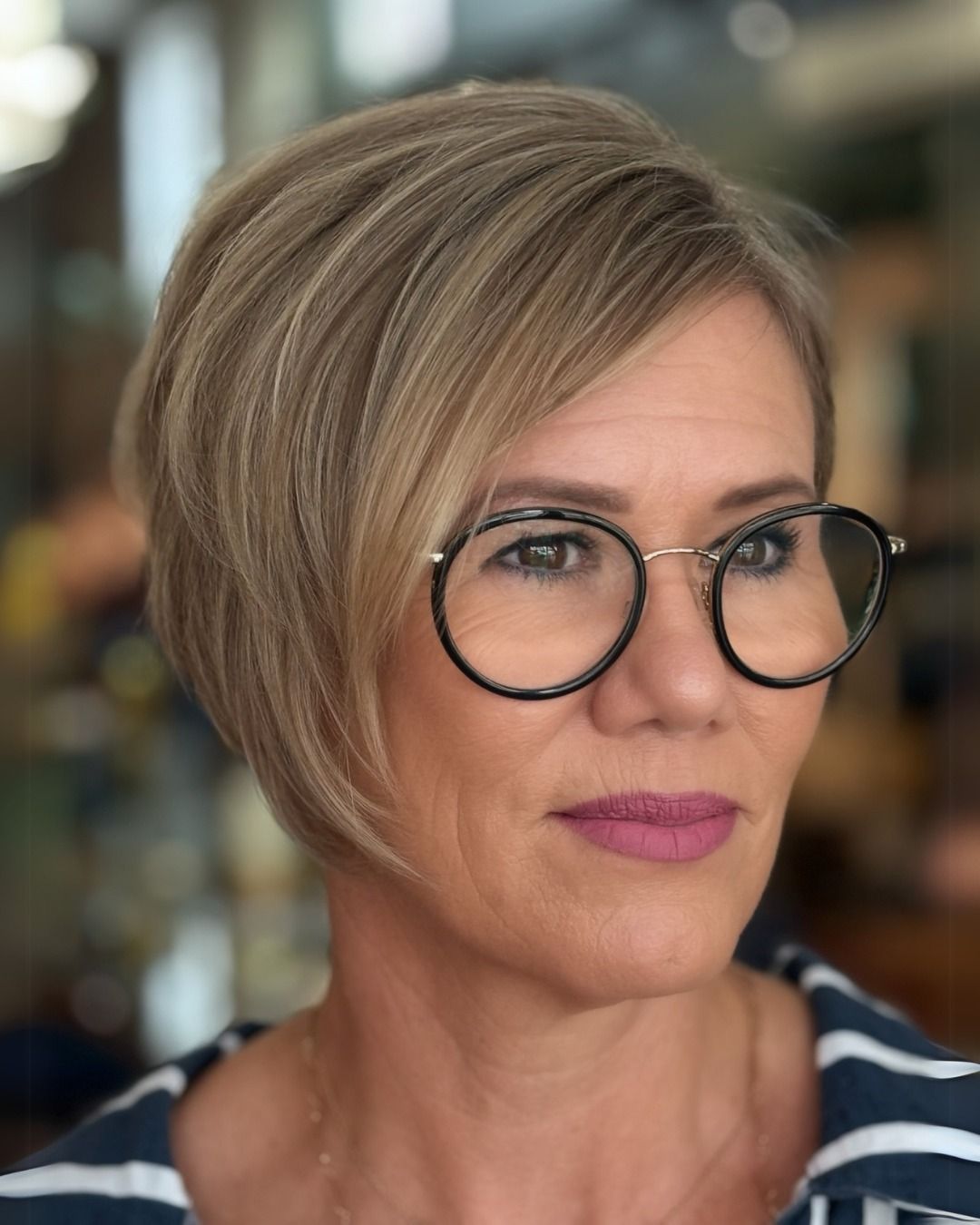Woman with short blonde hair and round glasses, looking slightly right. Wearing a striped shirt.