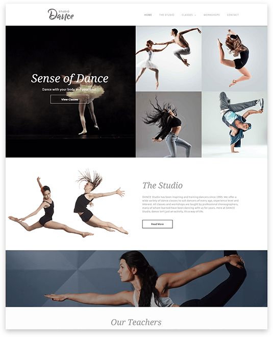A screenshot of a website for a dance studio.